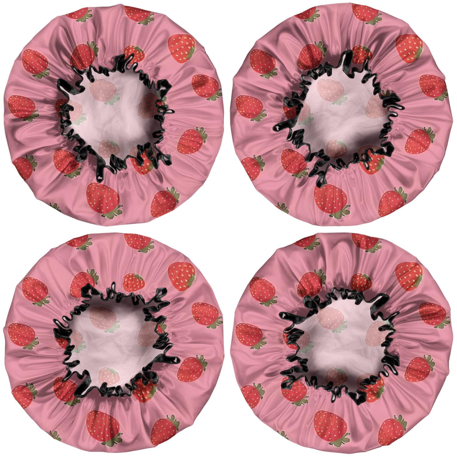 Shower Caps,Red Strawberry Plants Fruit Pink Pattern Waterproof Shower Cap for Women 4 Pieces,Double Reusable Hair Cover for Shower PEVA Elastic Stretch Hem