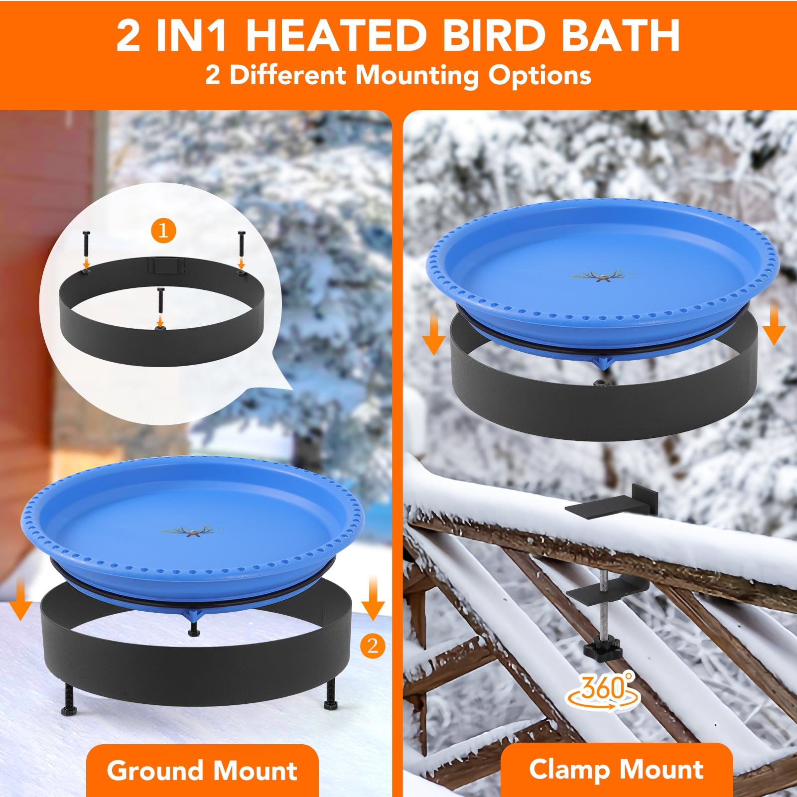 2 in 1 Heated Bird Bath for Outdoors for Winter,75W Bird Bath Heater with Thermostatically Controlled，Heated Bird Bath for Deck Railing for All Seasons Outdoor Garden Yard Patio Lawn(Blue)
