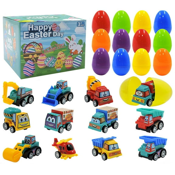 Cuoff Prefilled Easter Eggs with Cars Toys for Easter Eggs Hunt,12 Packs Plastic Eggs with Pull-Back Construction Vehicles, Surprise Eggs, Easter Theme Party Favor, Basket Stuffers Filler