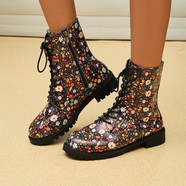 Teissuly Short Boots, Chip Flower Thick Bottom Boots, Waterproof Leather Boots Lace Up Snow Boots Zipper Thick Bottom Round Toe Fashion Boots Low Heel Slip ResistantS Short Boots Teissuly WER202311014113