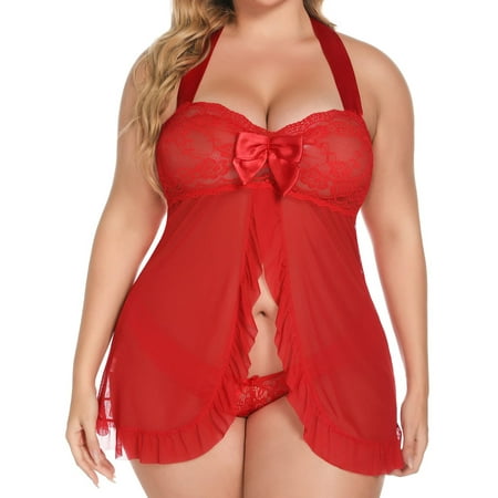 

Sanviglor Women Underwear 2 Pieces Nightdress Plus Size Sexy Lingerie Set Halter Neck Ladies Transparent With Panties Mesh Solid Color Wine Red 1XL