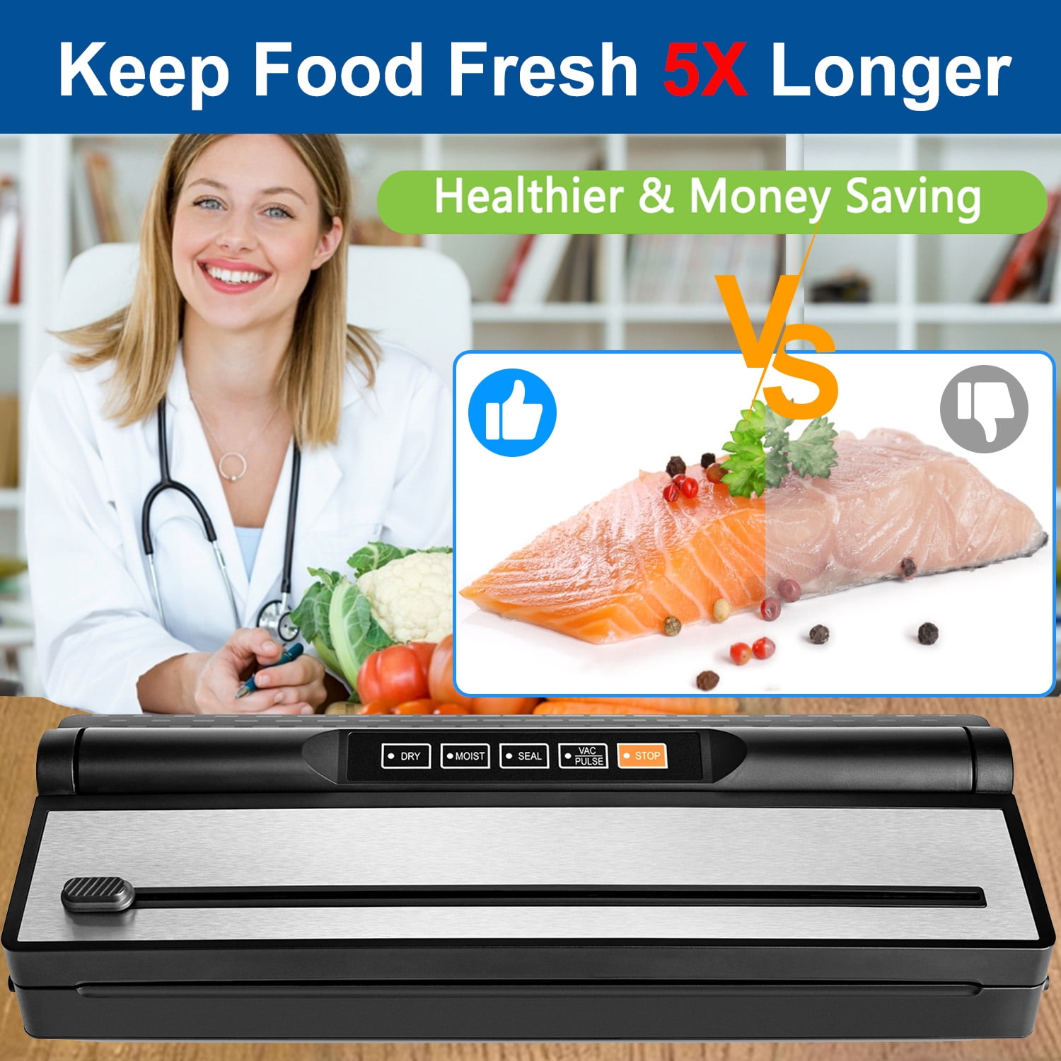 Food Vacuum Sealer Machine, Auto&Manual Food Sealer with 2 Rolls Food Vacuum Sealer Bags for Food Preservation, Food Storage Saver Dry & Moist Food Modes, Built-in Cutter, LED Indicato