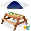 Kids 3-in-1 Sand & Water Activity Table, Wood Outdoor Convertible Picnic Table w/ Umbrella, 2 Play Boxes, Removable Top - Navy