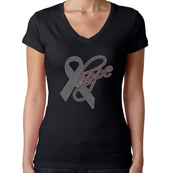 Womens T-Shirt Rhinestone Bling Black Tee Hope Pink Ribbon V-Neck XX-Large