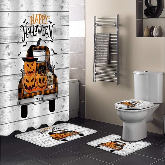 FMSHPON Happy Halloween 4 Piece Bathroom Set Shower Curtain Bath Rug Contour Mat and Toilet Lid Cover