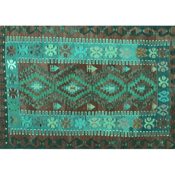 Ahgly Company Machine Washable Indoor Rectangle Southwestern Turquoise Blue Country Area Rugs, 2' x 3'