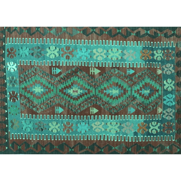 Ahgly Company Machine Washable Indoor Rectangle Southwestern Turquoise Blue Country Area Rugs, 5' x 7'