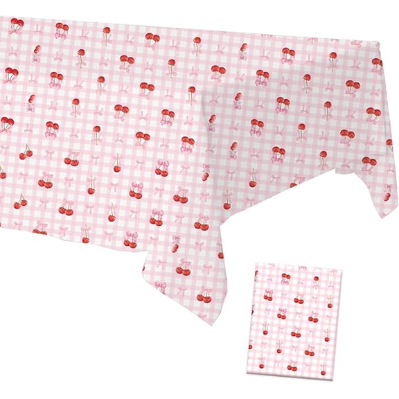 Pink Bow Cherry Table Cloths She's The Cherry on Top Tablecloth Pink White Gingham Fruit Decor Disposable Waterproof Plastic Table Cover for Birthday Bridal Baby Shower Party Decors (1)