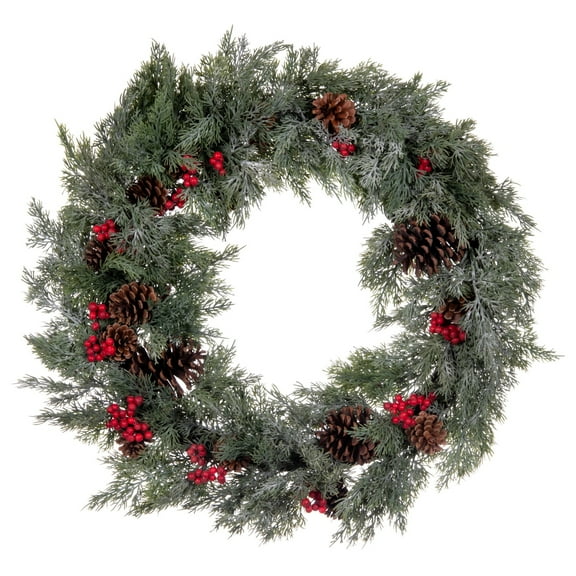Vickerman 25" Artificial Green Cypress Cone Berry Wreath.