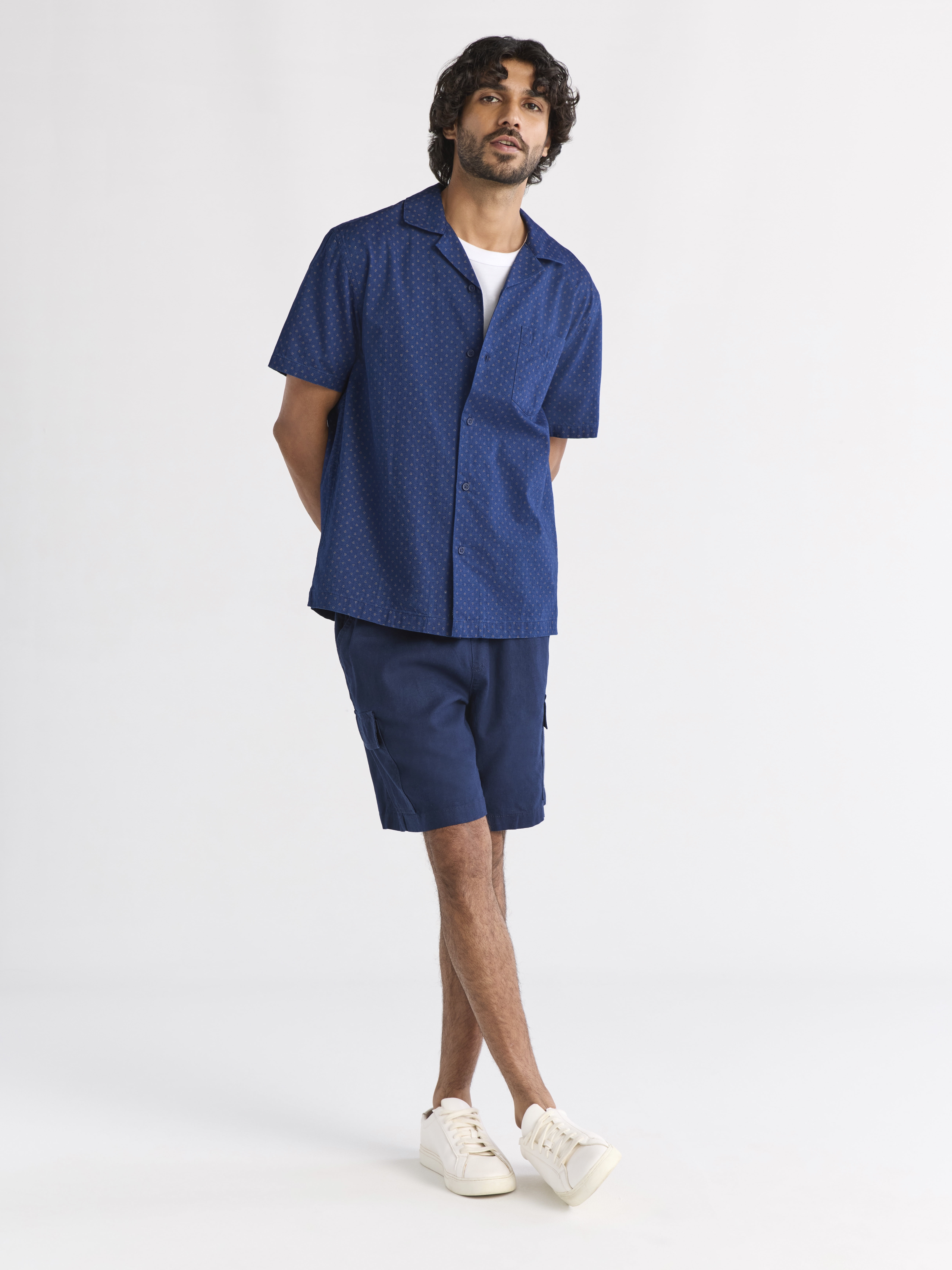 Free Assembly Men's Print Cotton Chambray Camp Shirt with Short Sleeves, Sizes S-3XL
