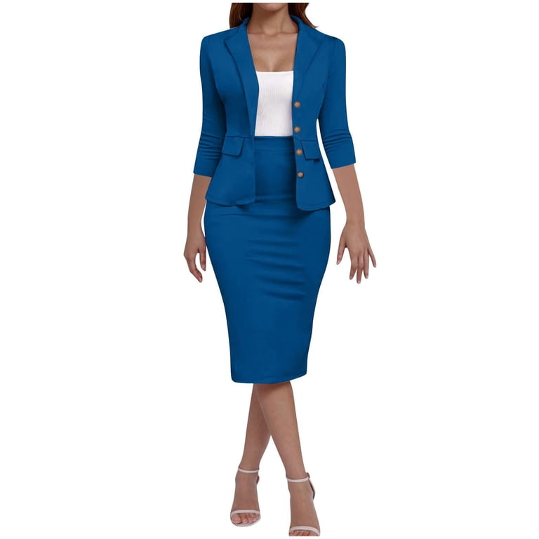 Ndbuld Women's 2 Piece Suit Set Peplum 3/4 Long Sleeve Church Dress Suit Elegant formal office Midi Pencil Skirt Suit,Blue,L