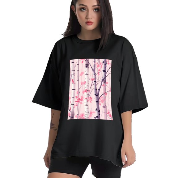 Plus Size Shirt for Women Black Tops for Women Short Sleeves Shirt for Women Pink Birch Trees 3 T Shirt Crewneck Shirt for Women XS