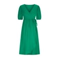 thumbnail image 4 of Birdeem Robe Unie Aguichant Fendue Manches Bouffantes à Lacets Manches Courtes Col en V, 4 of 9