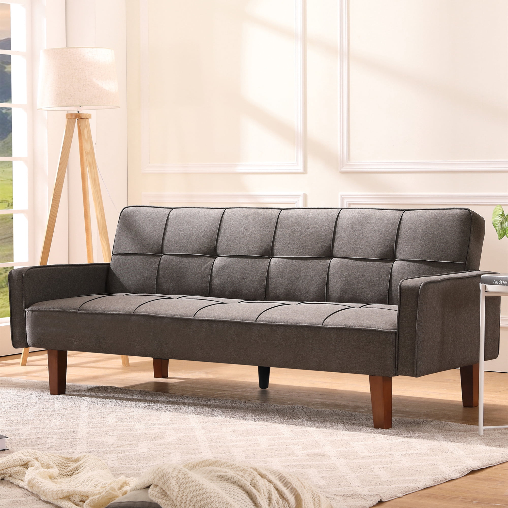 Aukfa 75" Square Arm Futon Sofa Bed Convertible Couch for Home Office, Wooden Legs, Linen, Gray