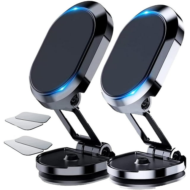 (Negro + Plata) Soporte de teléfono magnético plegable de aleación para automóvil, paquete de 2 soportes magnéticos para teléfono de automóvil para automóvil 360 °, soporte de teléfono celul