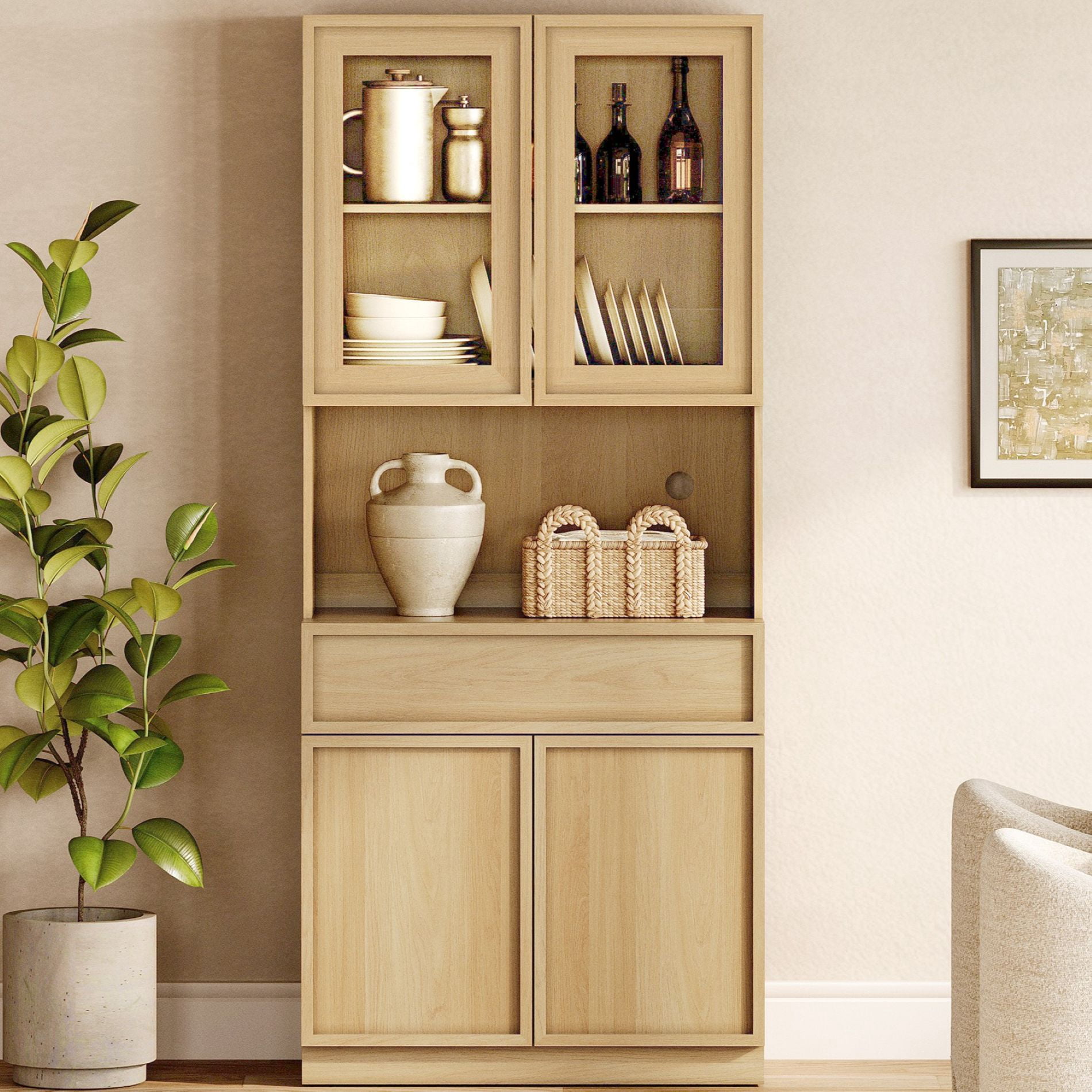 Modern Wood Sideboard Buffet with Glass Doors, Drawers & Adjustable Shelves, 72" Tall Glass Display Storage Cabinet,Oak