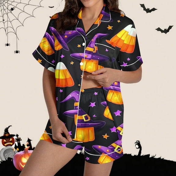 Kilaqueen Plus Size Pajamas for Women Set Trendy Ghost Pumpkin Graphic Halloween Pajamas Soft Satin Fall Pajamas Women Lightweight Short Pjs Loungewear