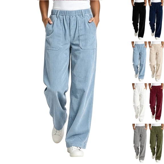 Aezemi Womens Corduroy Straight Leg Pants Winter Elastic Waist Comfy Outdoor Fashion Pants Pull on Fall Casual Workout Trousers with Pockets M