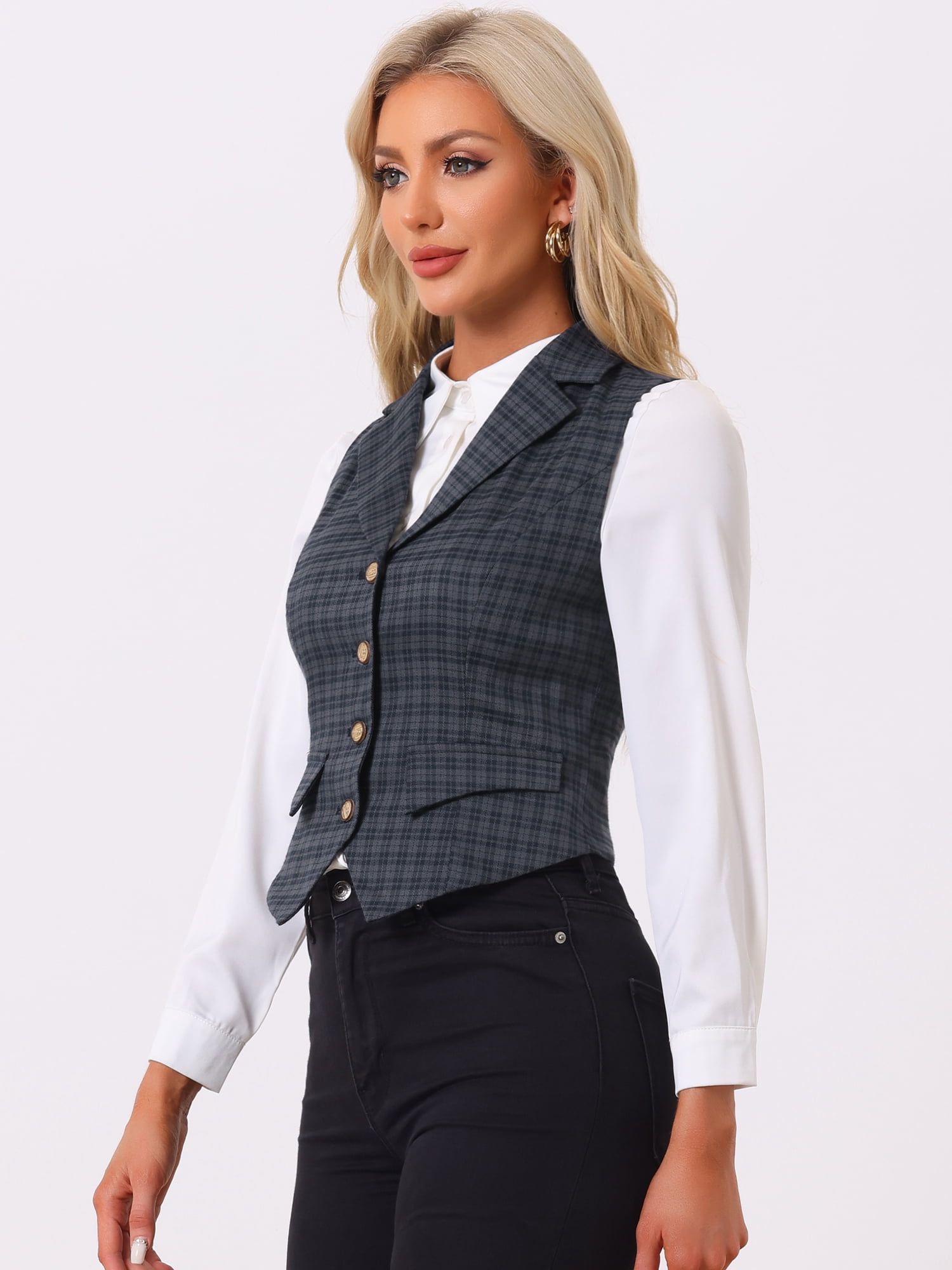 DARING DIVA Women's Plaid Waistcoat Notched Lapel Collar Vintage Vest S Grey Blue