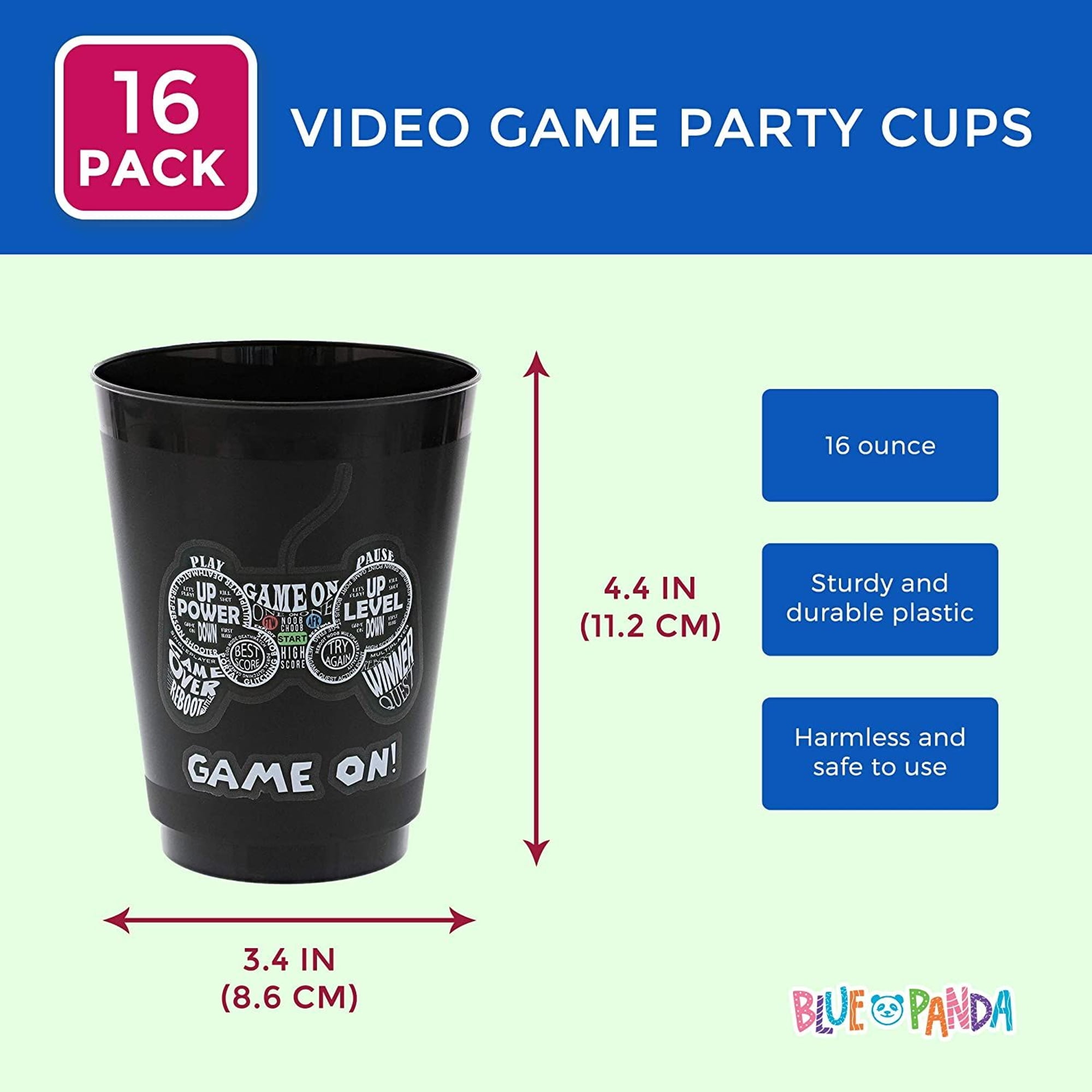 Blue Panda 16 Pack Video Game Cups for Kids Gaming Birthday Party Supplies,  Reusable Tumblers, 16 oz