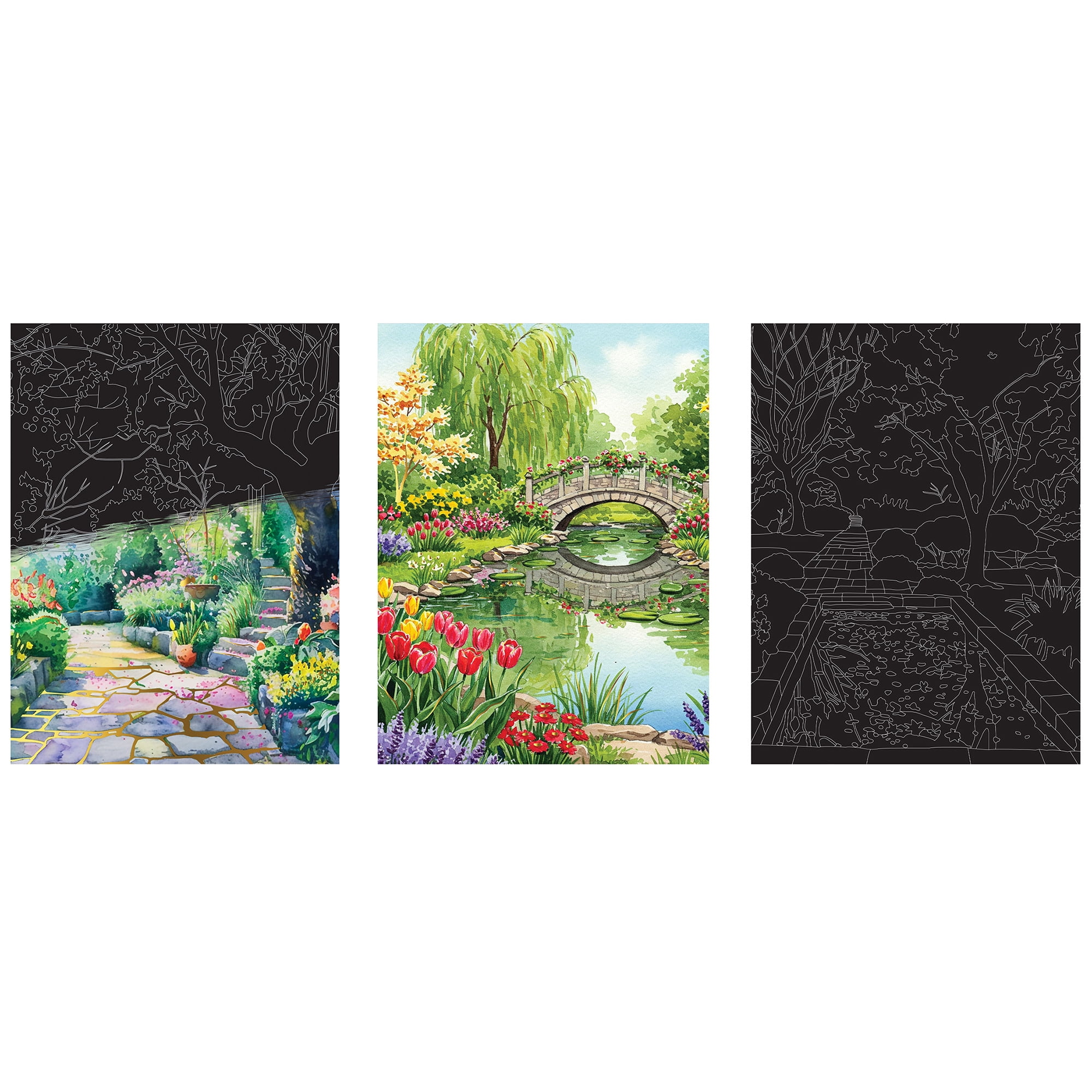 Brea Reese: Scratch Art Paper Pad - Garden Scenes - 5 Nature Designs, Metallic Foil, Dual-Tip Stylus & Brush, Easy-to-Frame 9x12" Pages, Adult Craft
