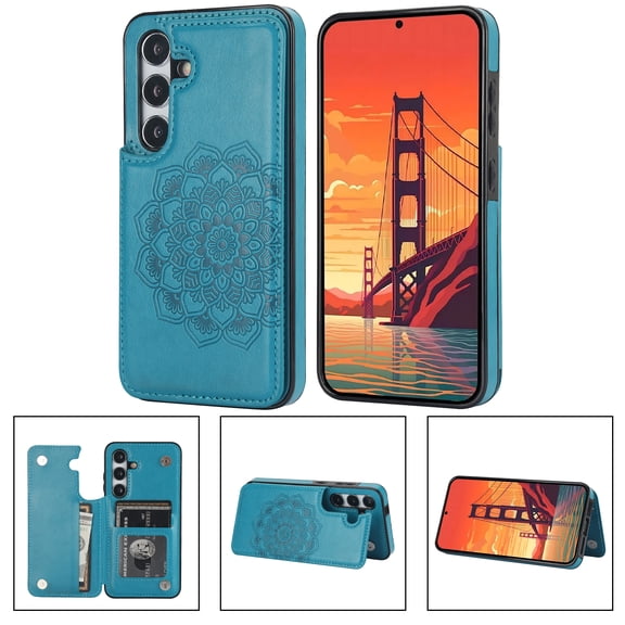 For Samsung Galaxy S25 Wallet Case Card Holder, Luxury Embossed Mandala PU Leather Back Flip Folio Case with Kickstand Magnetic Snap Closure, Shockproof Protective Phone Case,Blue