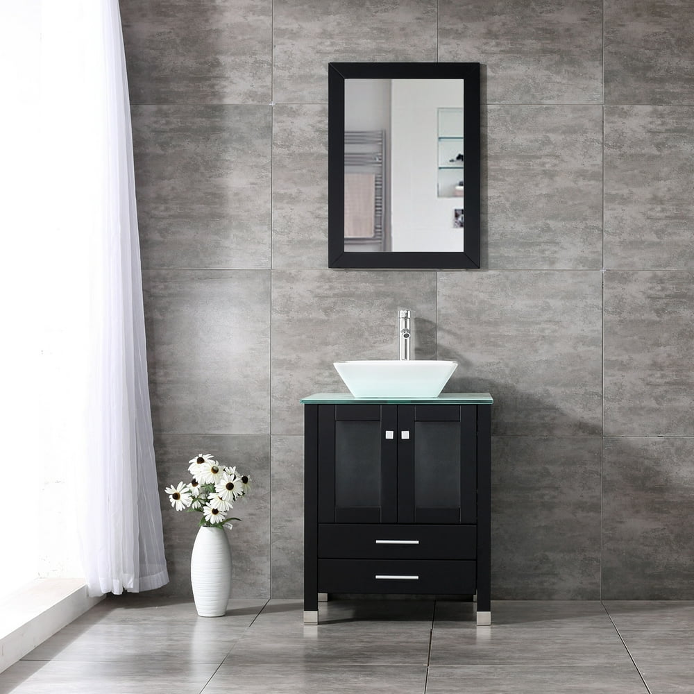 Walcut 24'' Black Wood Bathroom Vanity Tempered Glass