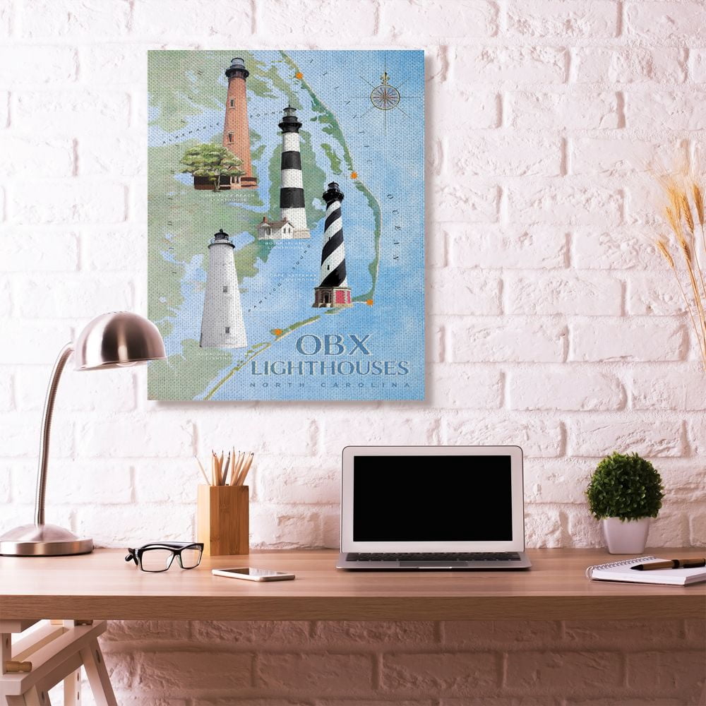 Stupell Industries North Carolina Lighthouses Beach Coast Ocean Map Painting Super Canvas Wall Art by Art Licensing Studio