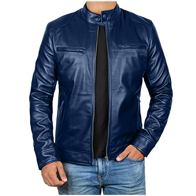 Leodye Men's Solid Color Retro Fashion Stand Collar Leather Jacket Motorcycle Lightweight Faux Leather Jacket Dark Blue M(M)