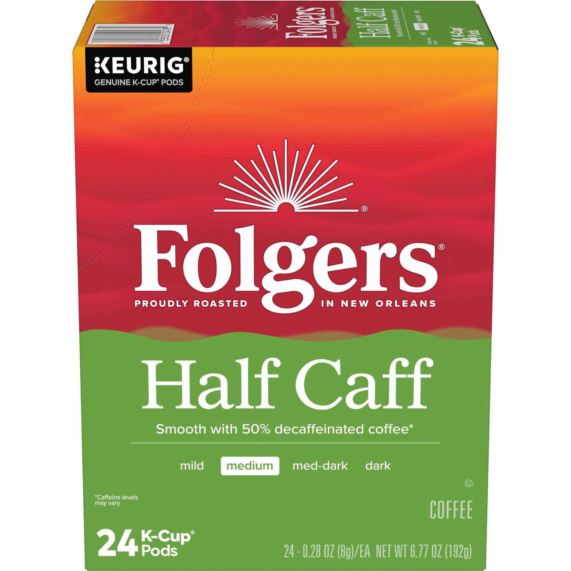 Folgers Half Caff Medium Roast Coffee, Keurig K Cup Pods, 24 Count Box