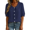 thumbnail image 2 of Dpjklzsn Women's Cotton Blend Short Puff-Sleeve Peter Pan Collar Button-Front Blouse, 2 of 9