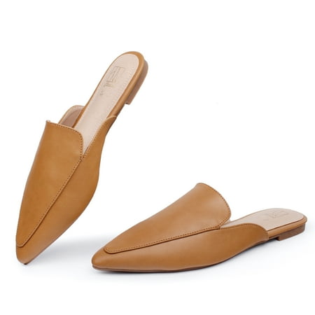 

Hawkwell Women s Backless Slip on Slides Comfortable Loafer Shoes Flats Pointed Toe Mules Brown PU US 7