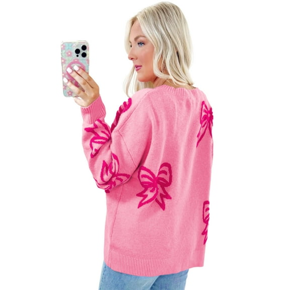 Women's Pink Bow Pattern Drop Shoulder Loose Fit Sweater - Cozy Winter Knit | [ZhiHiMeRi] | (US 12-14)L