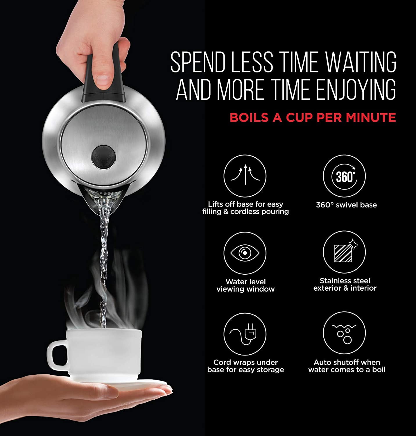 Chefman Rapid Boil 1.7L Electric Kettle w/ Swivel Base, Auto Shut Off - Stainless Steel