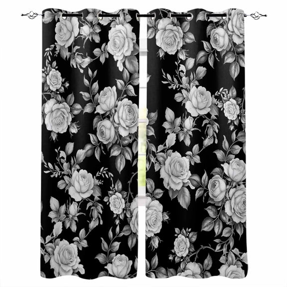 Black Rose Blackout Curtains 63 Inches Long for Bedroom, Vintage Pastoral Botanical Floral Leaves Vines Thermal Insulated Room Darkening Black Out Window Curtain Panels Grommet Drapes for Living Room