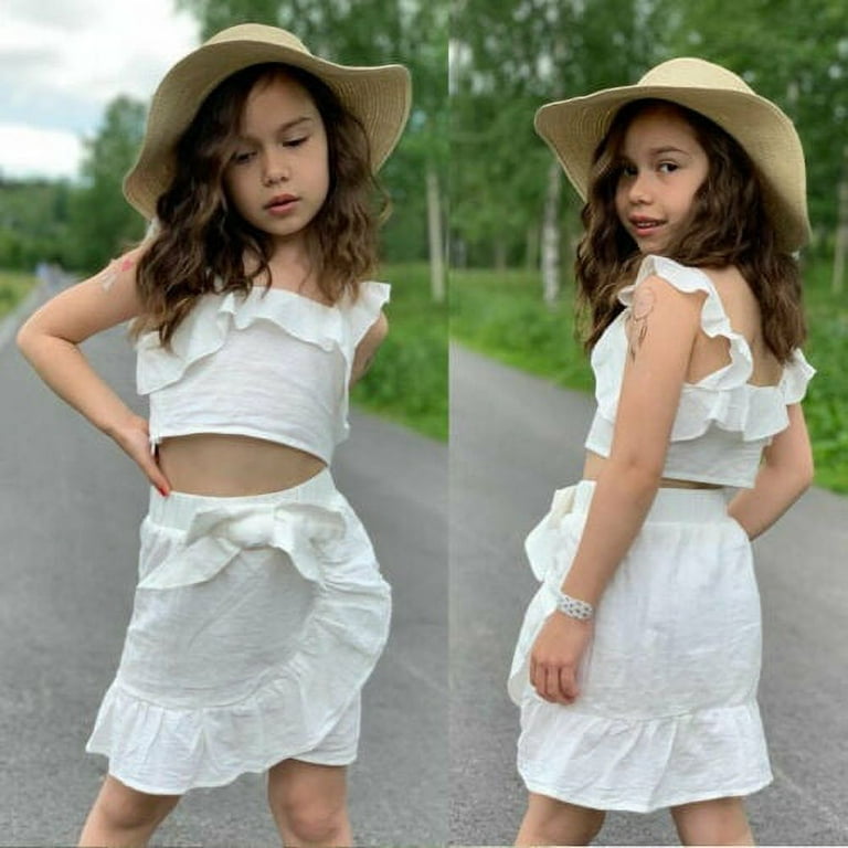 Infant Baby Girls Summer Sling Fly-Sleeve Crop Top Skirt Cotton Dress  Clothes Set