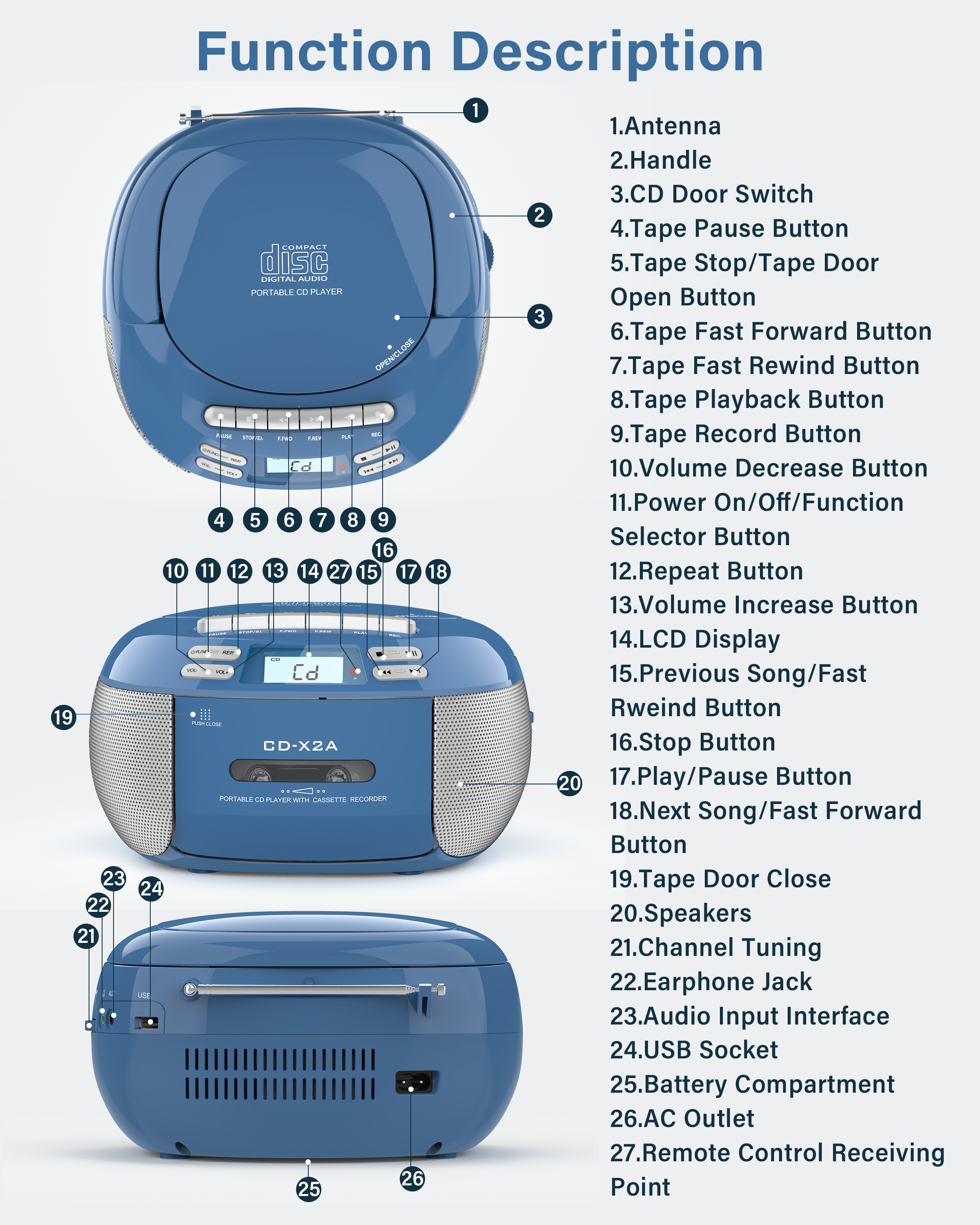 Jazmm CD Player Boombox with Bluetooth, Blue photo 3