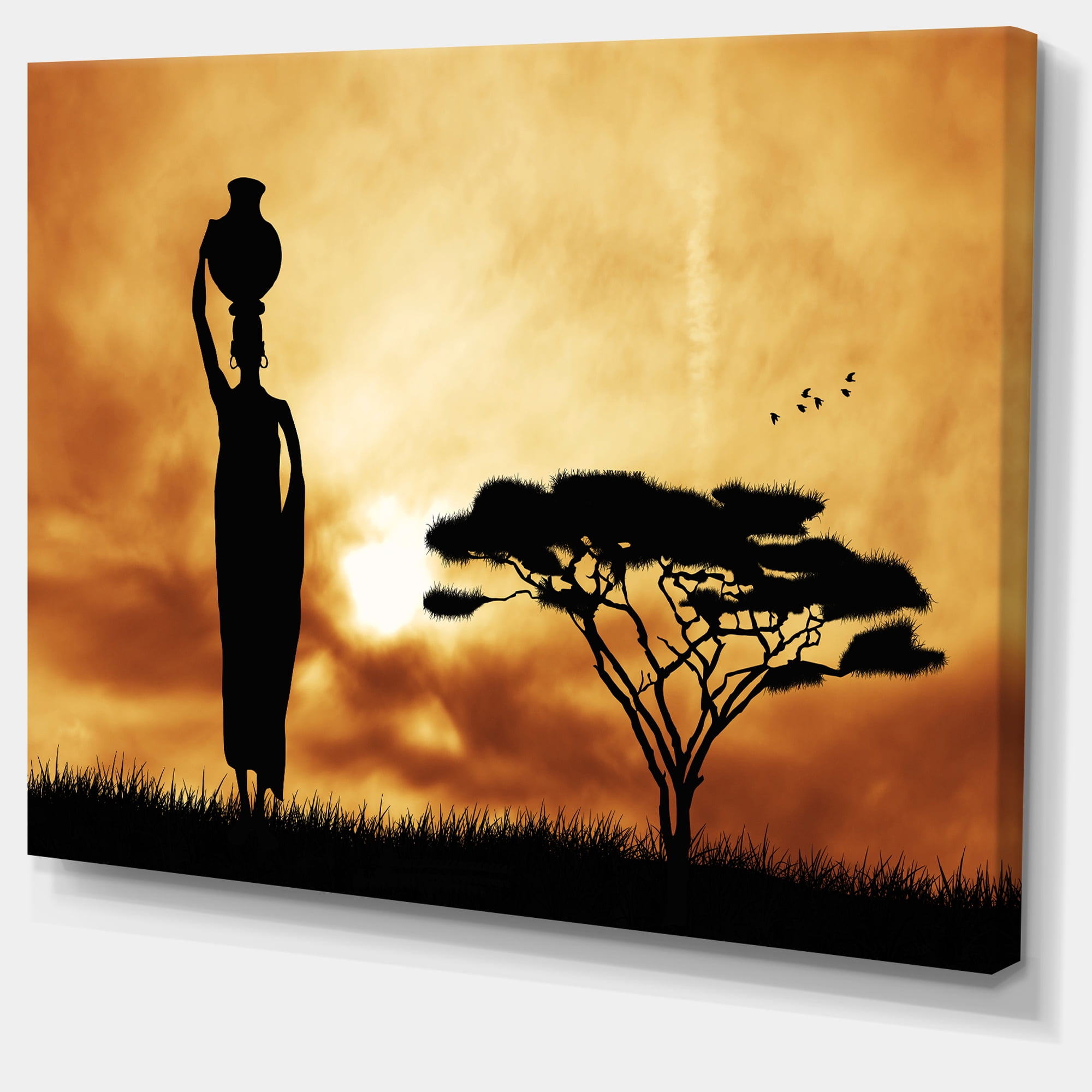 Designart 'African Woman and Lonely Tree ' African Landscape Canvas Art Print