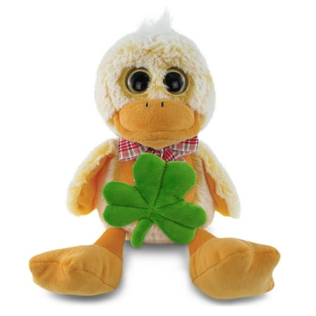 DolliBu Sitting Yellow Duck Stuffed Animal with Green Plush Shamrock Cute Green Shamrock Plush Fun St Patricks Day Stuffed Animal Duck Good Luck St Patricks Day Toys for Kids Baby - 9 Inches