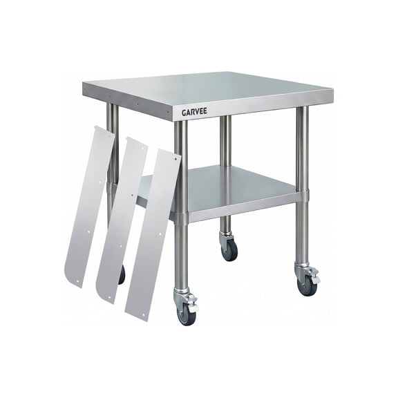 Stainless Steel Work Table, with Detachable 3-Sided Backsplash & Wheels, Height-Adjustable dershelf, Prep Commercial Table for Restaurant, Hotel, Home and Warehouse, 24x24inch