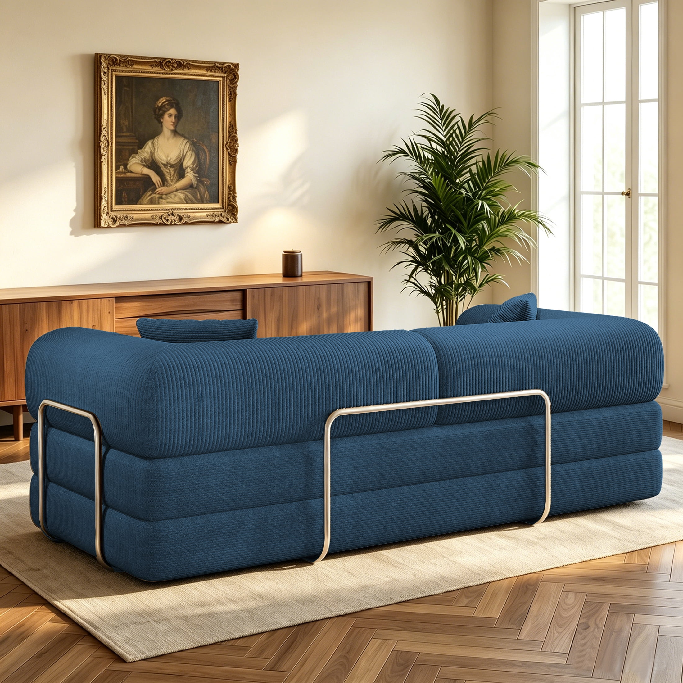 AISWORD Convertible Sleeper Sofa Bed with Cylindrical Pillow, Corduroy Folding Mattress Couch with Fixed-Shape Frame, Floor Sofa Lounge Couch, Blue