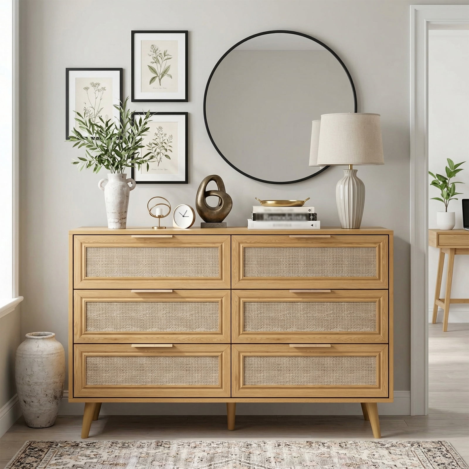 47.2"W Rattan 6 Dresser for Bedroom, Double Wooden Dressers Large Chest of Drawers with Golden Handles,Rattan Buffet Sideboard