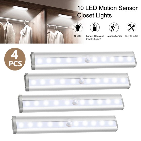 Motion Sensor Closet Lights, 10 Led Battery Powered Lights Led Under Cabinet Lighting Wireless Under Counter Light, Stick On Lights Motion Night Light Bar for Stairs Hallway Kitchen, White 4 Pack