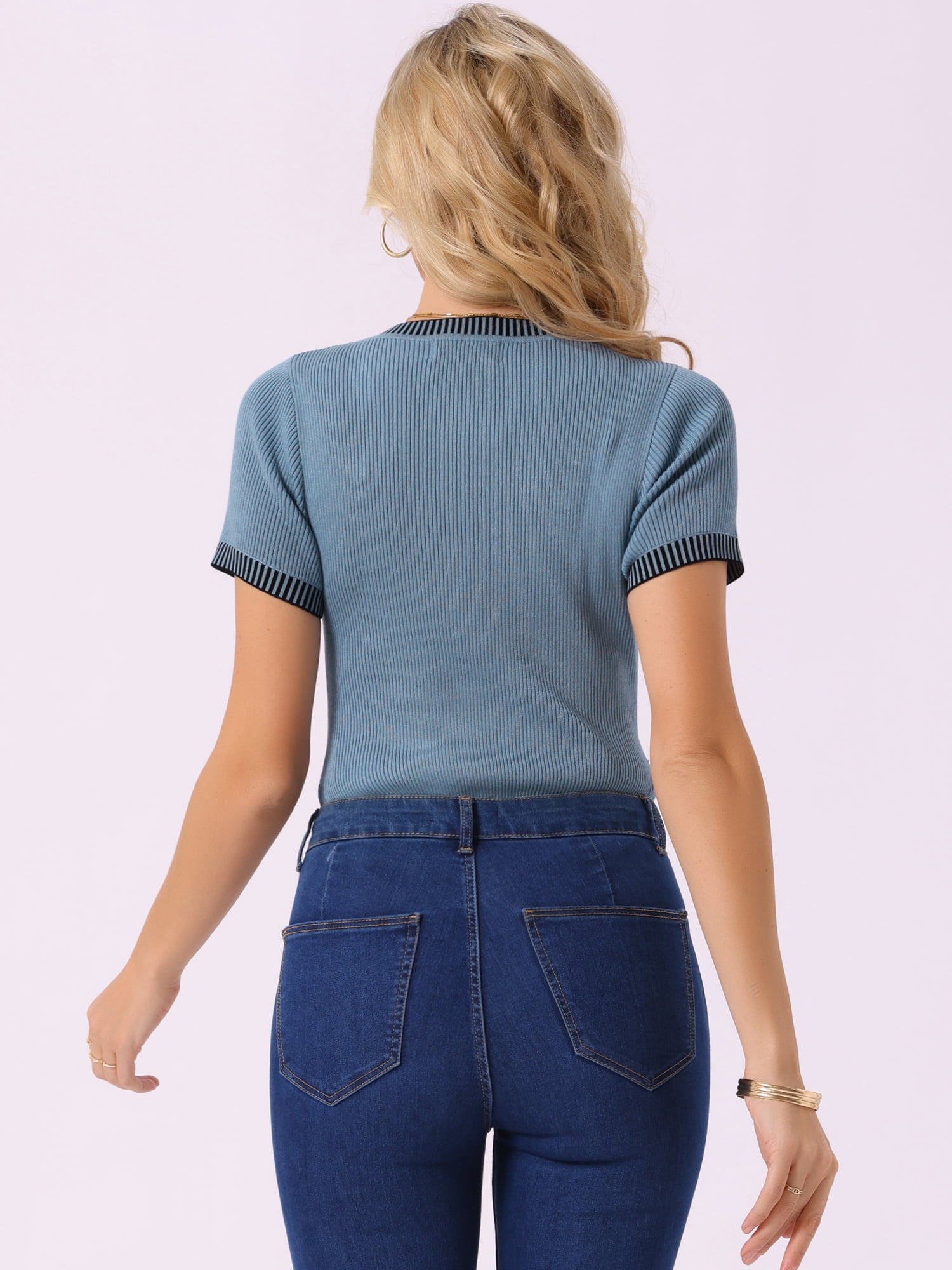 DARING DIVA Scoop Neck Slim Fit Ribbed Knit Sweater Tops S Grey Blue