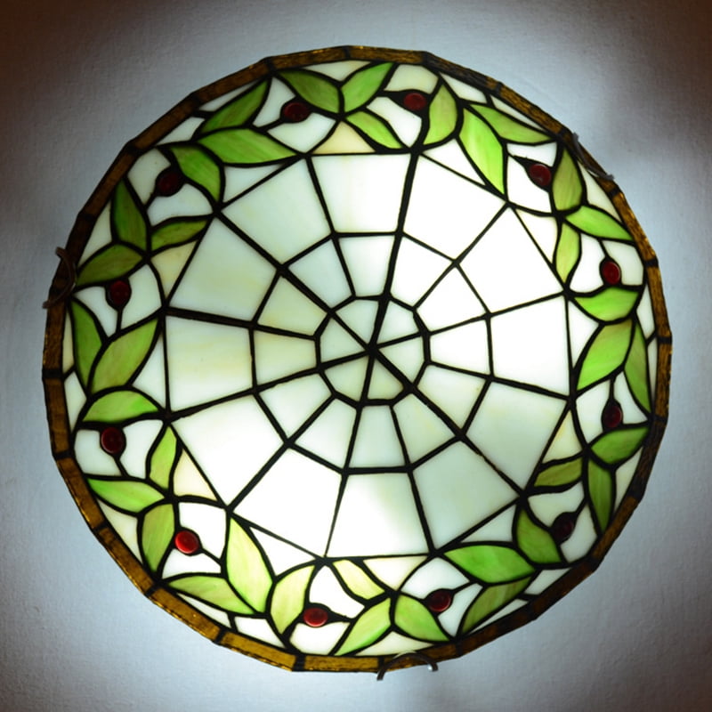 Litfad Vintage Tiffany 3 Light Flush Mount Ceiling Lighting 16" Stained Glass Shade Ceiling Lamp Fixture in Green