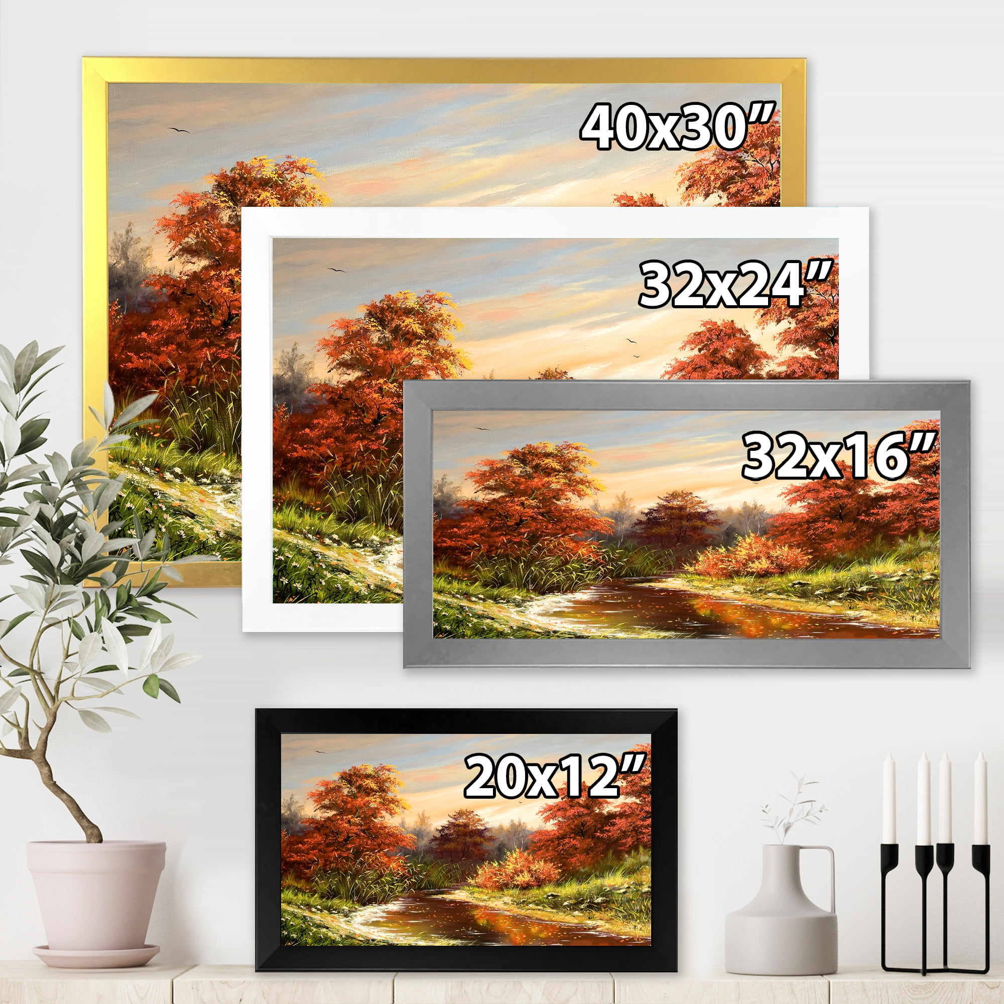 Designart 'The Wood River On A Decline In An Orange Autum Summer' Lake House Framed Art Print