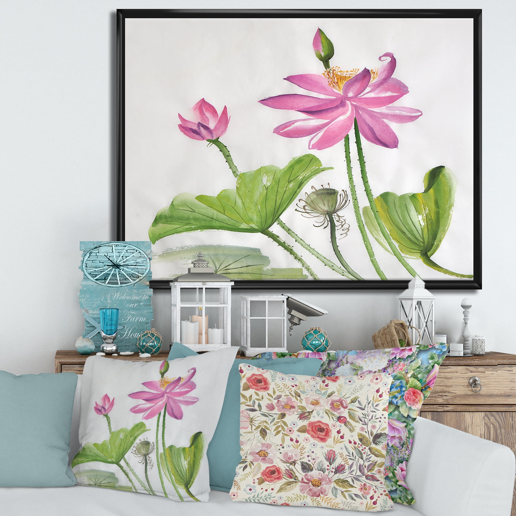 Designart 'Two Pink Lotus Flowers With Green Leaves' Traditional Framed Canvas Wall Art Print