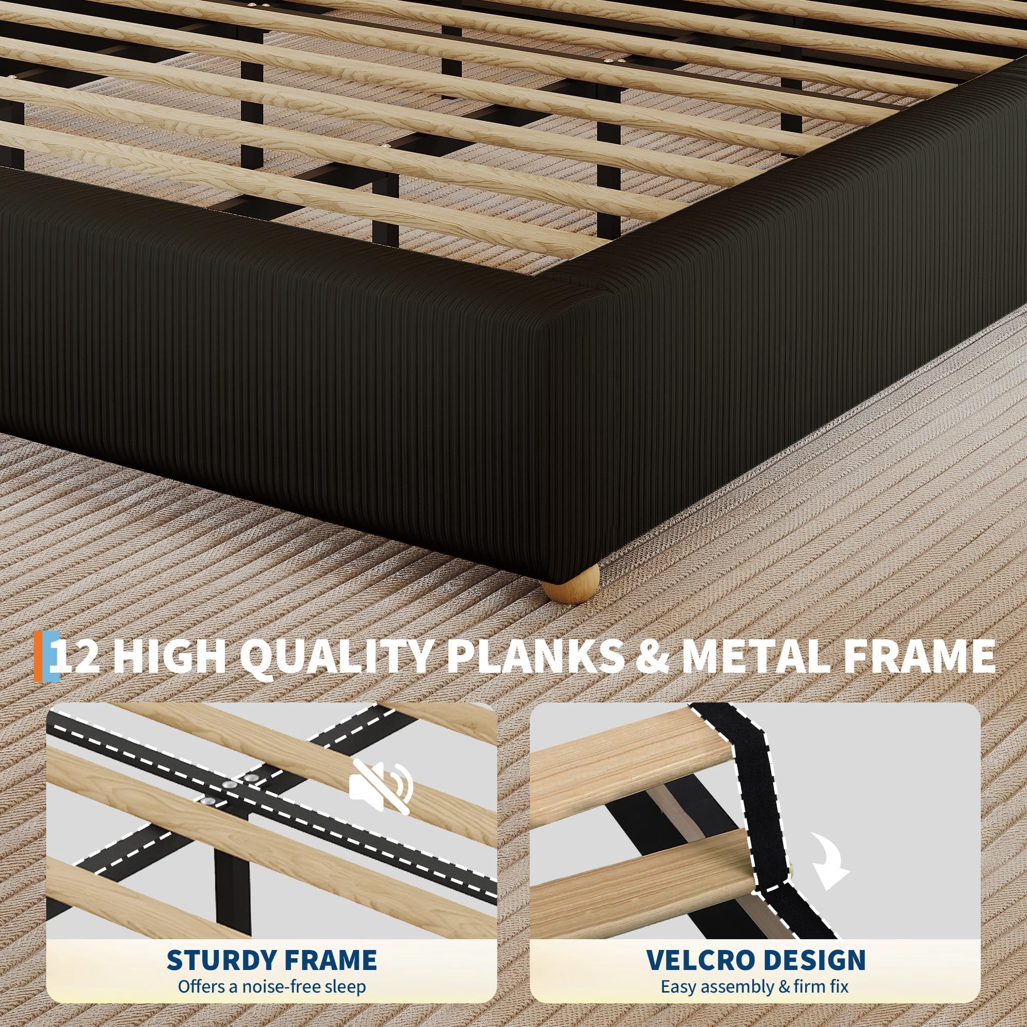 FULL Cloud Bed Frame. Teddy Fleece / Corduroy Upholstered Platform Bed with  Wood Legs, No Box Spring, Easy Assembly