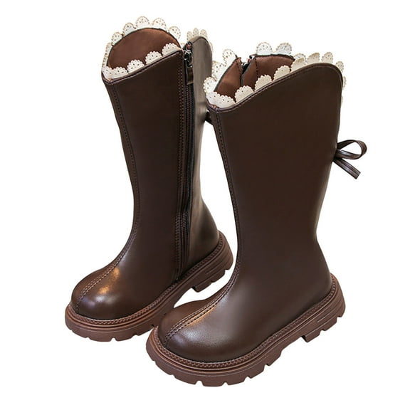 Girls Winter Boots Sweet Lace Fringe Bow MId Calf Riding Booties Side Zipper Round Toe Stitching Leather Long Boots Brown 1 Big Kid