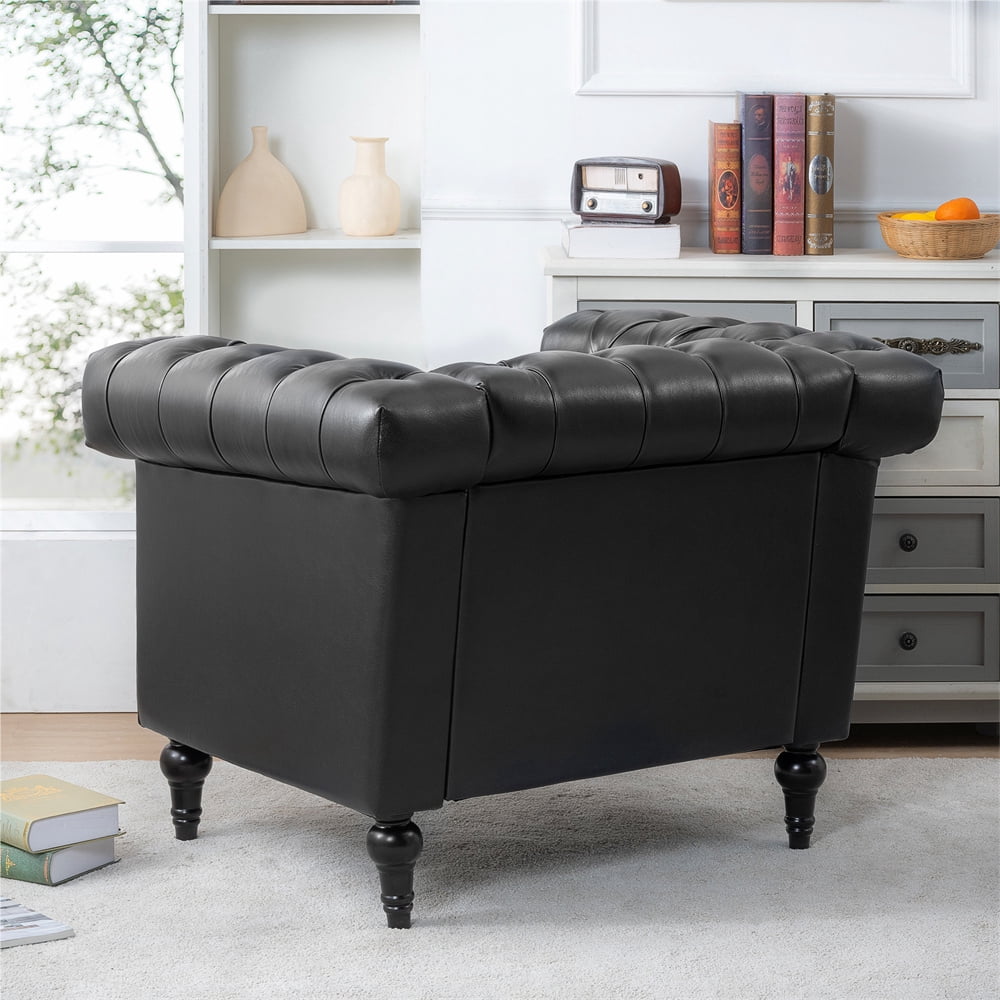 Chesterfield Luxury Leather 1 Seater Single Sofa Couch, Mid-Century Modern Couch Sofa with Removable Cushions and Rubber Wood Legs for Living Room Bedroom Apartment Black